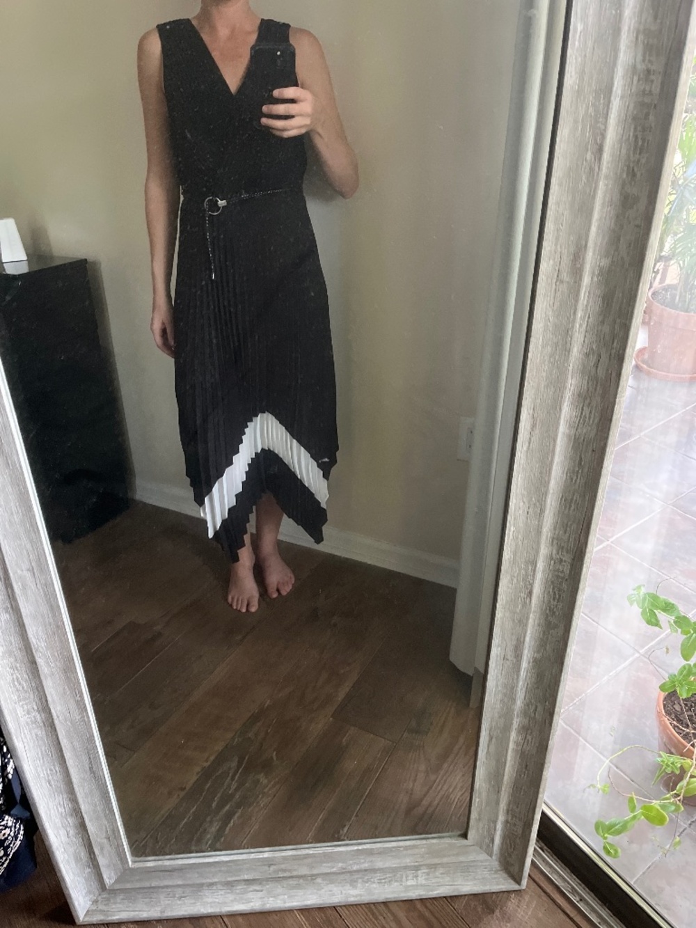 Karl Lagerfeld Black & White Pleated Wrap Midi Dress